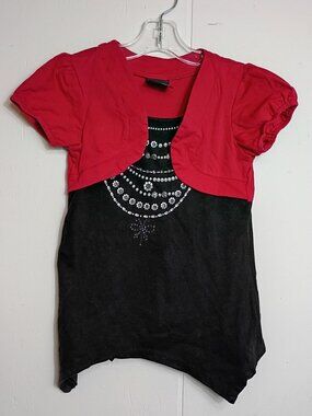 VTG Y2K Weavers Girl Black Red Short Sleeve One Piece Bolero Sharkbite Top S 7/8